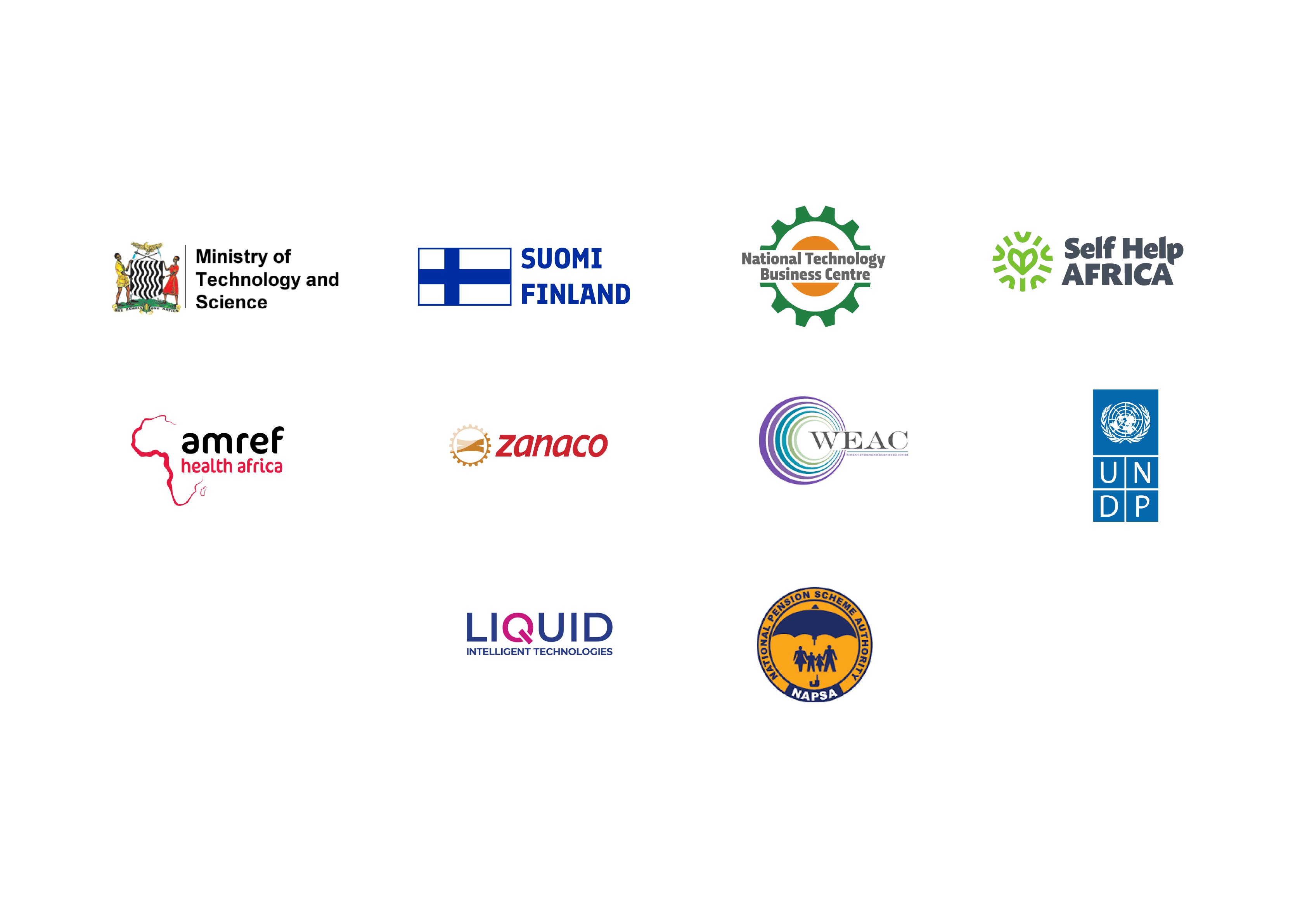 Partner logos: Ministry of Technology and Science, SUOMI FINLAND, National Technology Business Centre, Self Help Africa, Amref Health Africa, Zanaco, WEAC, UNDP, Liquid Intelligent Technologies, NAPSA