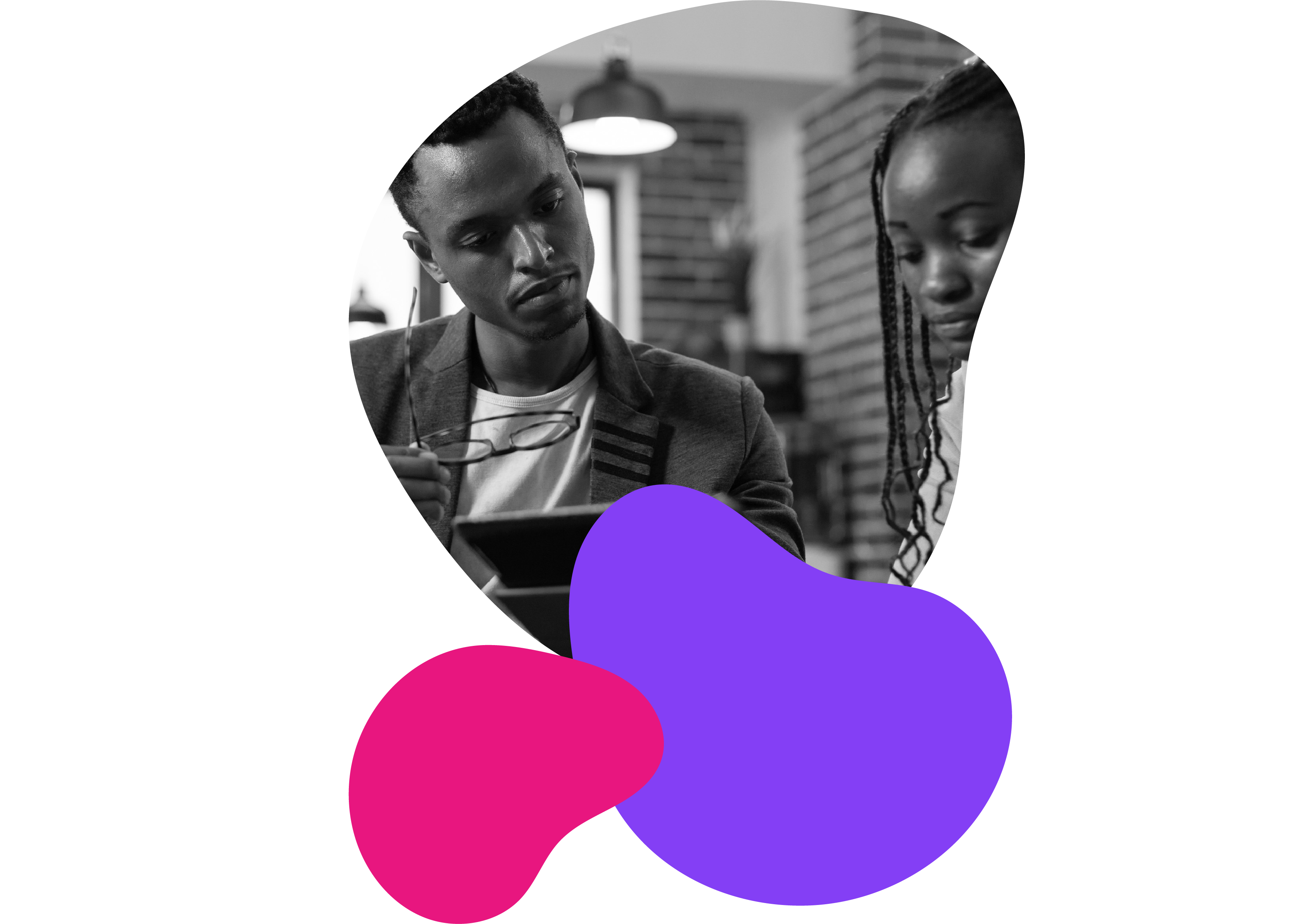 Two professionals collaborating at a tech summit with decorative purple and pink blobs